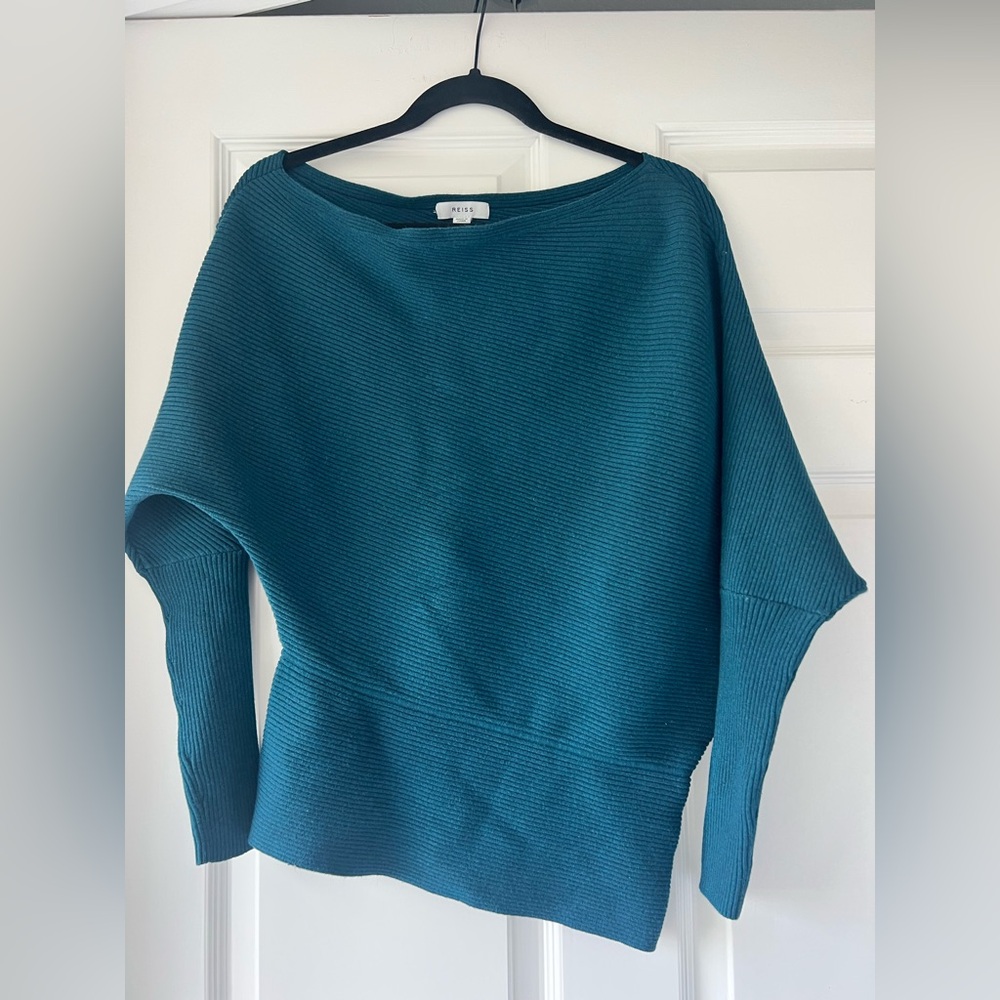 REISS Lorna Asymmetric Draped Dark Teal Knitted Sweater  szSmall